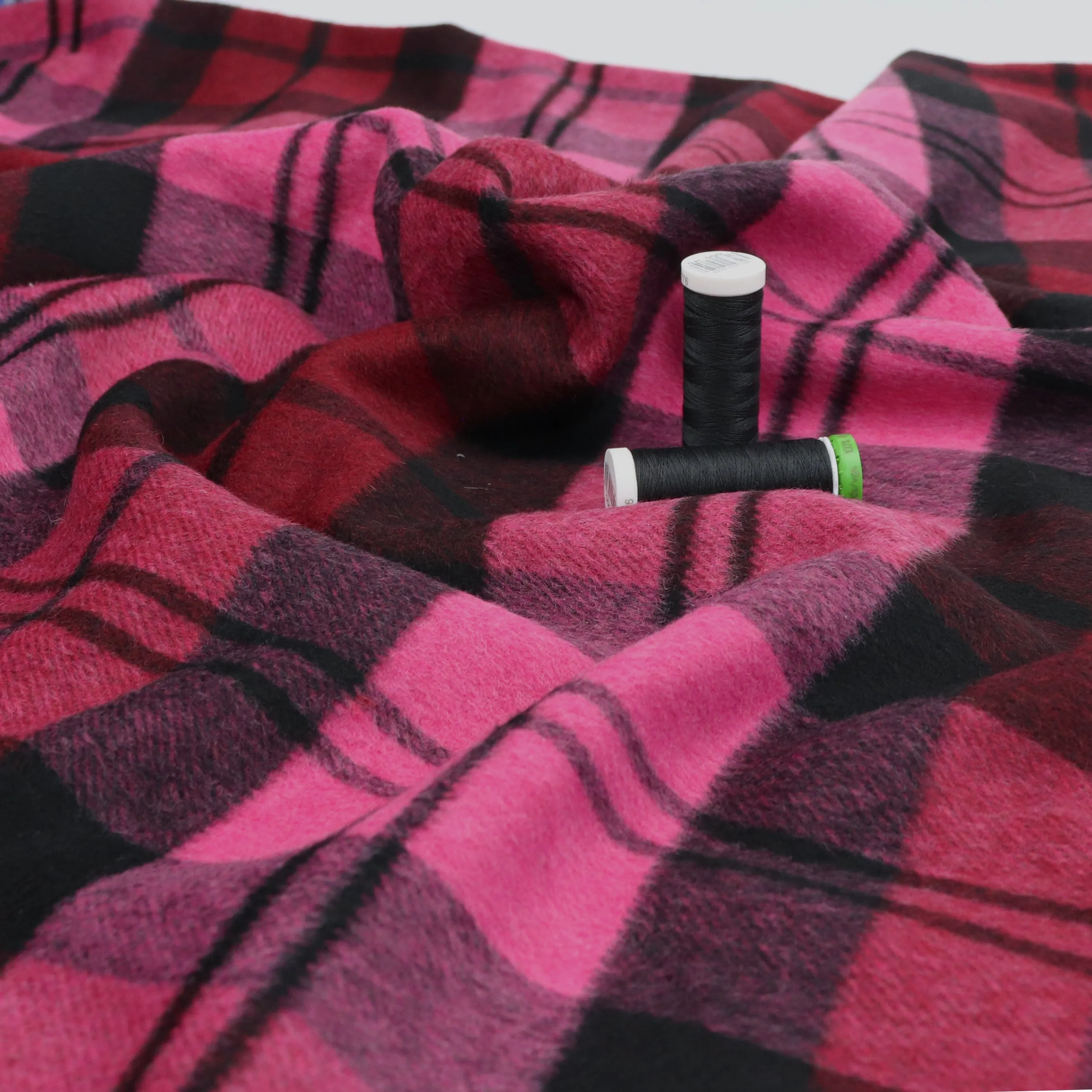 Wool Blend Brushed Coating - Pink   Red Check - SALE