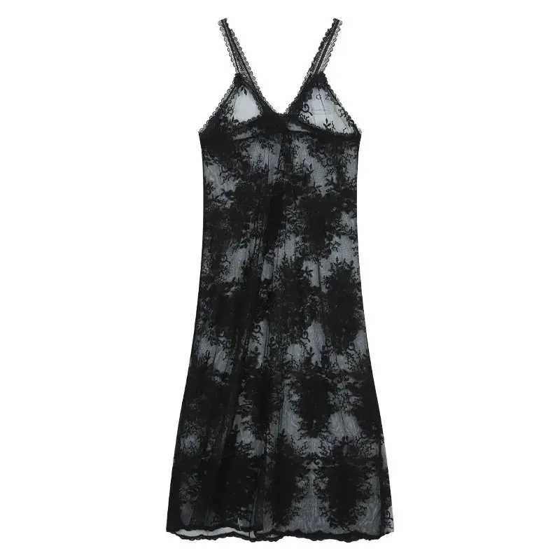 Y2K Schwarzes Maxikleid mit Blumenstickerei und Layering-Loo