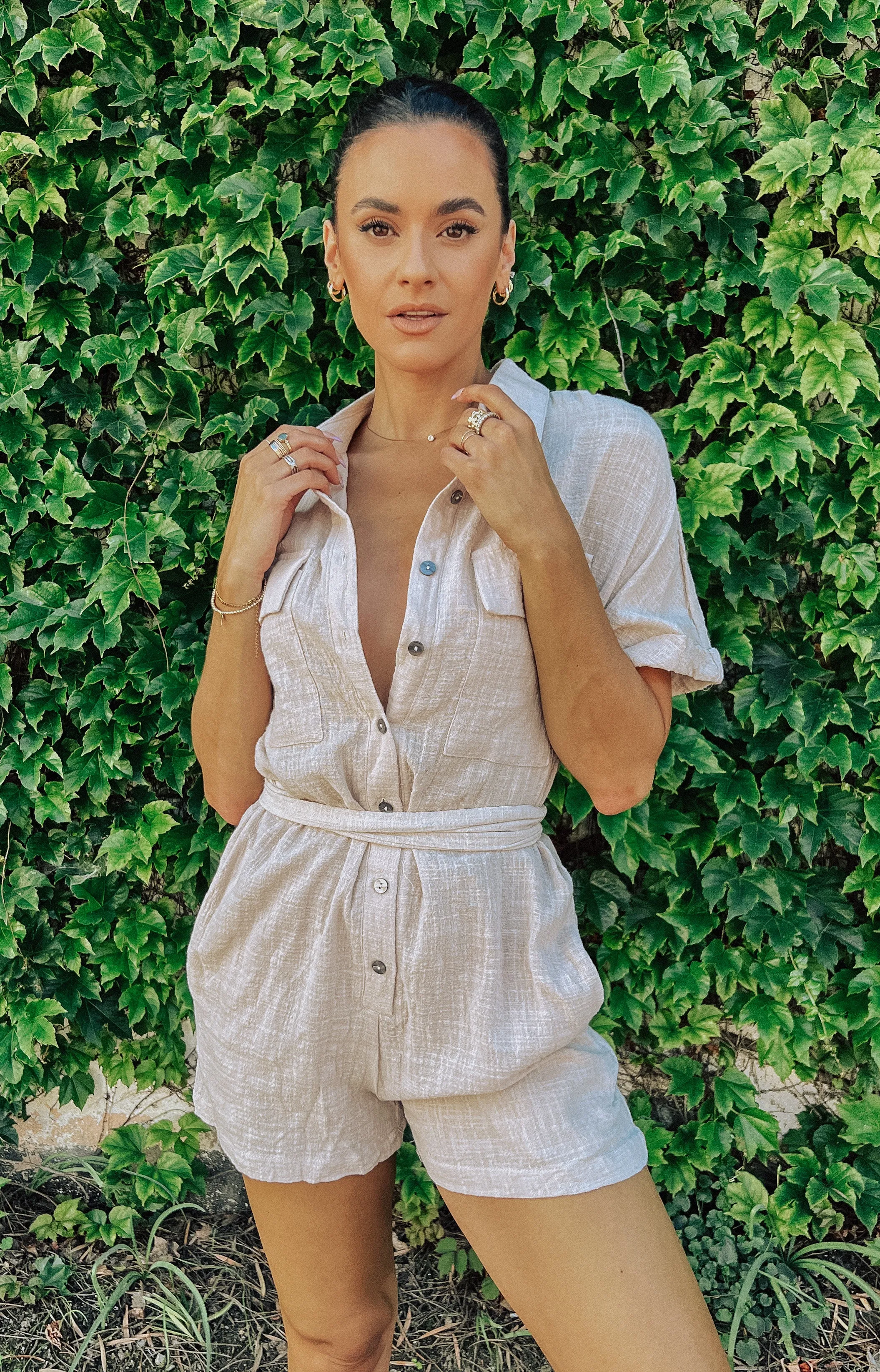 Zion Short Sleeve Romper - Pebble